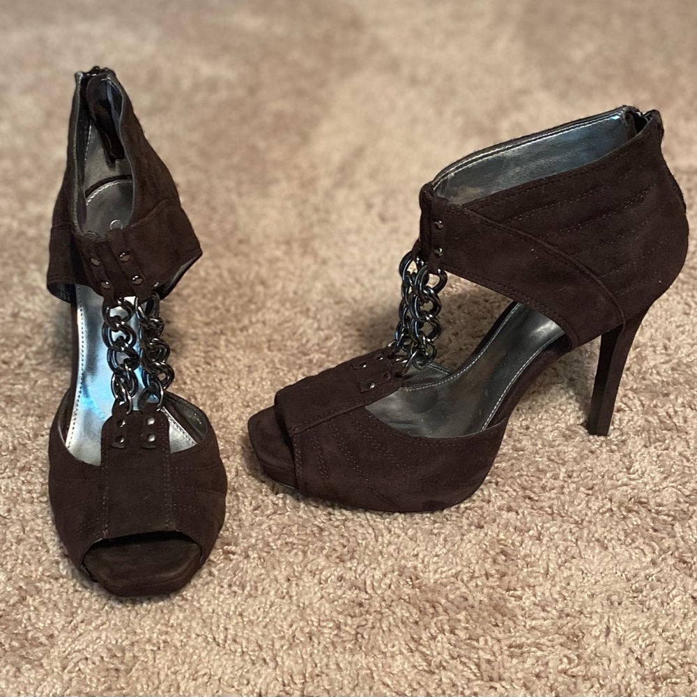 Calvin Klein Dark Brown Suede Chain T-Strap High Heels